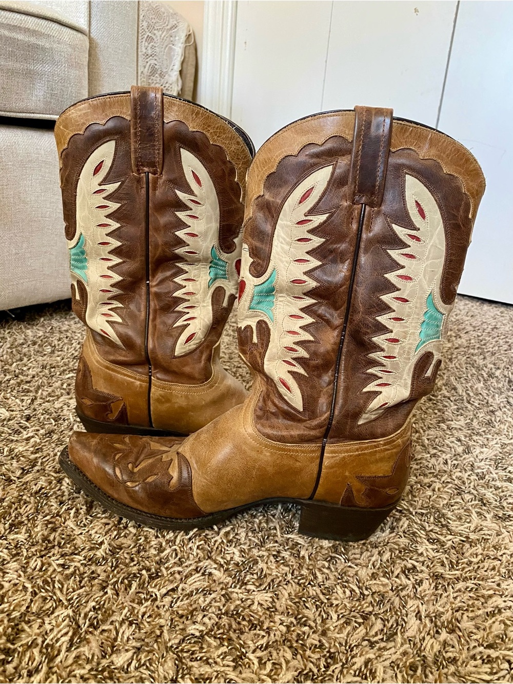 Women's Brown Leather Western Heeled Boots with Cream & Turquoise Inlay